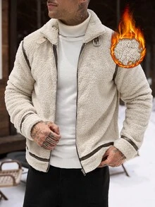 Manfinity CasualCool 男士翻領拉鍊仿羊羔毛短絨毛飛行員夾克 - 卡其色 - 查看 1