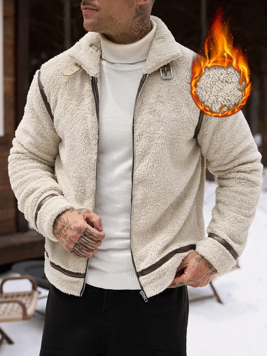 Manfinity CasualCool 男士翻領拉鍊仿羊羔毛短絨毛飛行員夾克 - 卡其色 - 查看 1