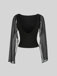 Sweetra Women's Mesh Patchwork Square Neck Deep V-Back, Multi-Way Wear, Casual Sexy, 2 In 1 T-Shirt - Black - View 2