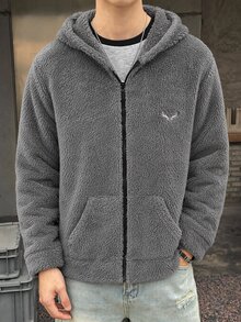 SHEIN 青少年男孩冬季刺繡貼布圓領寬鬆套頭抓絨衛衣 - 灰色 - 查看 7
