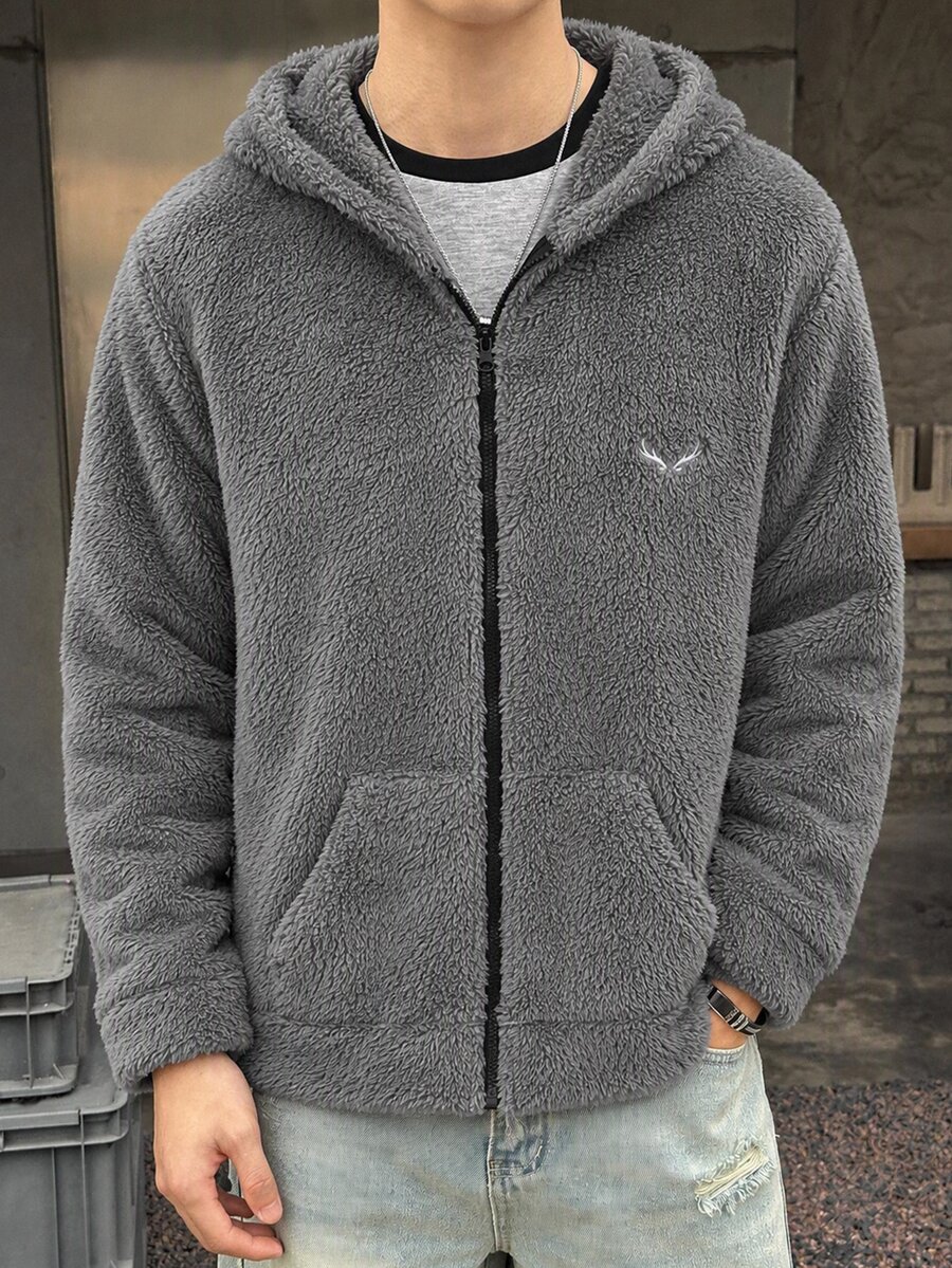 SHEIN Teen Boys' Winter Embroidered Patch Crew Neck Loose Pullover Fleece Sweatshirt - Grey - View 1