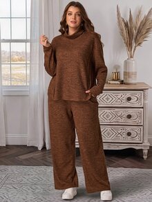 EMERY ROSE 2pcs Set Plus Size Women's Autumn/Winter Casual Country Vacation Brown T-Shirt And Pants 2 Pieces Set With Pockets,Fall, Loungewear,Modest Outfits - Brown - View 4