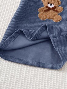 Cozy Pixies Baby Girls Dresses Cute Woven Ribbed Brown Corduroy Pinafore Dress, Adorable Bear Applique Embroidery, Exquisite Detail, Bow Decor, Baby Girl, Suitable For Autumn/Winter, Nordic Style, Mori Style, Cute Style - Dusty Blue - View 7