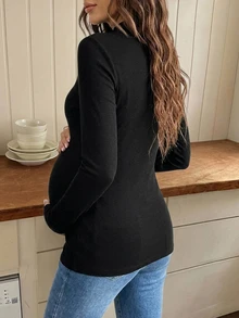 Dazy Maternity Solid Color Slim Fit Elastic Long Sleeve Casual Home Daily Vacation Spring Autumn Top Maternity High Neck Long Sleeve T-Shirt - Black - View 2
