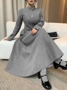 DAZY Autumn/Winter Gray Stand Collar Elegant Vintage Commute Date Elegant Women Mid-Length Dress - Grey - View 3
