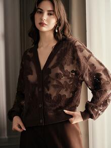 Anewsta Women's Loose Knit Cardigan With Asymmetrical Floral Mesh Rope Embroidery, Sheer V-Neck, Autumn Commute - Coffee Brown - View 3