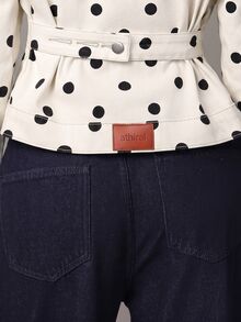 Athîral Denim Women's Relaxed Fit White Denim Jacket,Contrast Stitching,Button Front,Waist Tab,Black Polka Dot,Autumn Retro Chic,Daily Daytime Wear,Office Casual - Apricot - View 5
