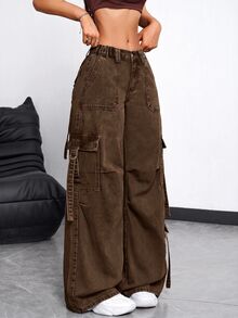 SHEIN EZwear 女款工裝口袋寬腿寬鬆休閒牛仔褲 - 咖啡棕 - 查看 4