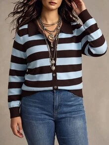 Linhara CURVE Cardigan Rajut Kancing Tunggal Bergaris Motif Blok Warna Ukuran Plus untuk Musim Dingin - Coffee Brown - View 6