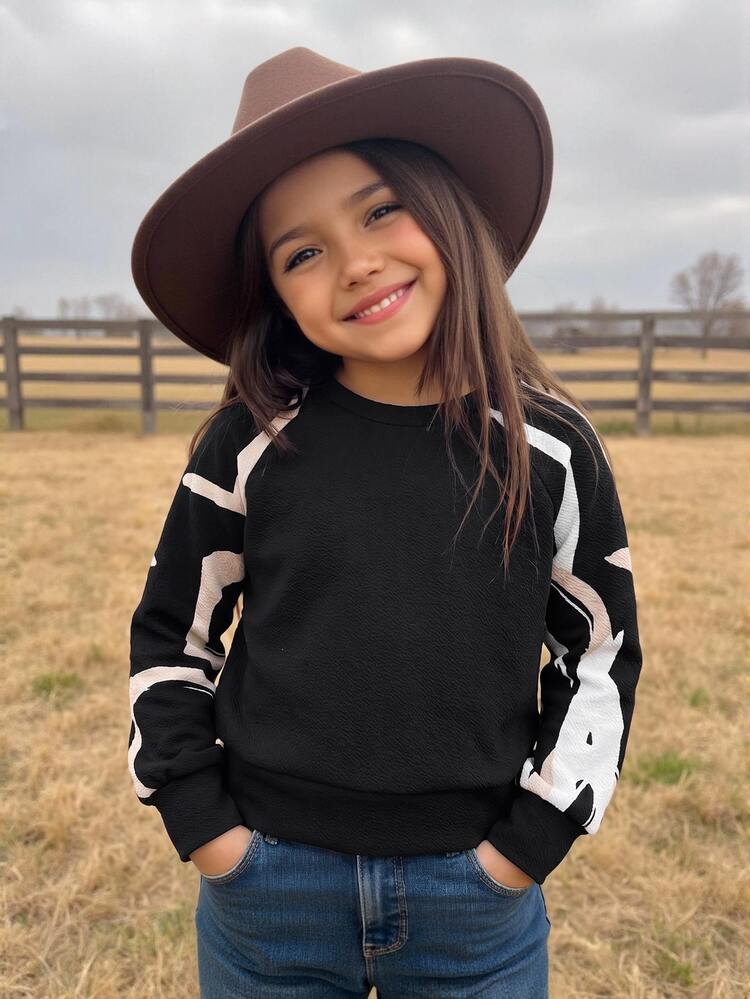 SHEIN Young Girls Floral Print Raglan Sleeve Sweatshirt Floral Print Raglan Sleeve Sweatshirt With Elegant Floral Sleeves Long Sleeve Young Girl Western Tween Clothes Young Girl Clothes Long Sleeve Autumn And Winter Daily Activities Outdoor School Vacation Countryside - Black - View 11