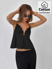 Aloruh Women's Spring/Summer New Solid Black Lace Trim Camisole - Black - View 6