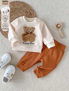 SHEIN 新生兒秋季風格3件套服裝組合，94%棉熊刺繡衛衣、羅紋長褲與針織帽，柔軟透氣冬季衣物 - 卡其色 - 查看 5