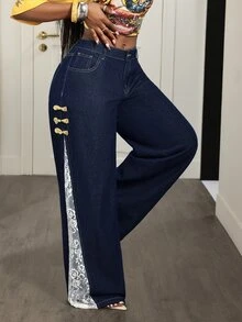 Slaydiva Women's Denim Frog Button Lace Wide Leg Jeans - Blue - View 3