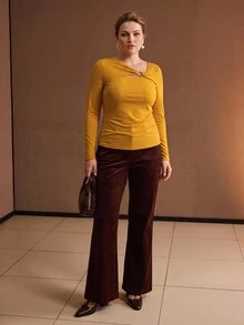 MOTF PREMIUM PLUS SIZE WOMEN'S SPRING/AUTUMN SOLID COLOR ASYMMETRIC TWISTED NECK FITTED T-SHIRT - Yellow - View 6
