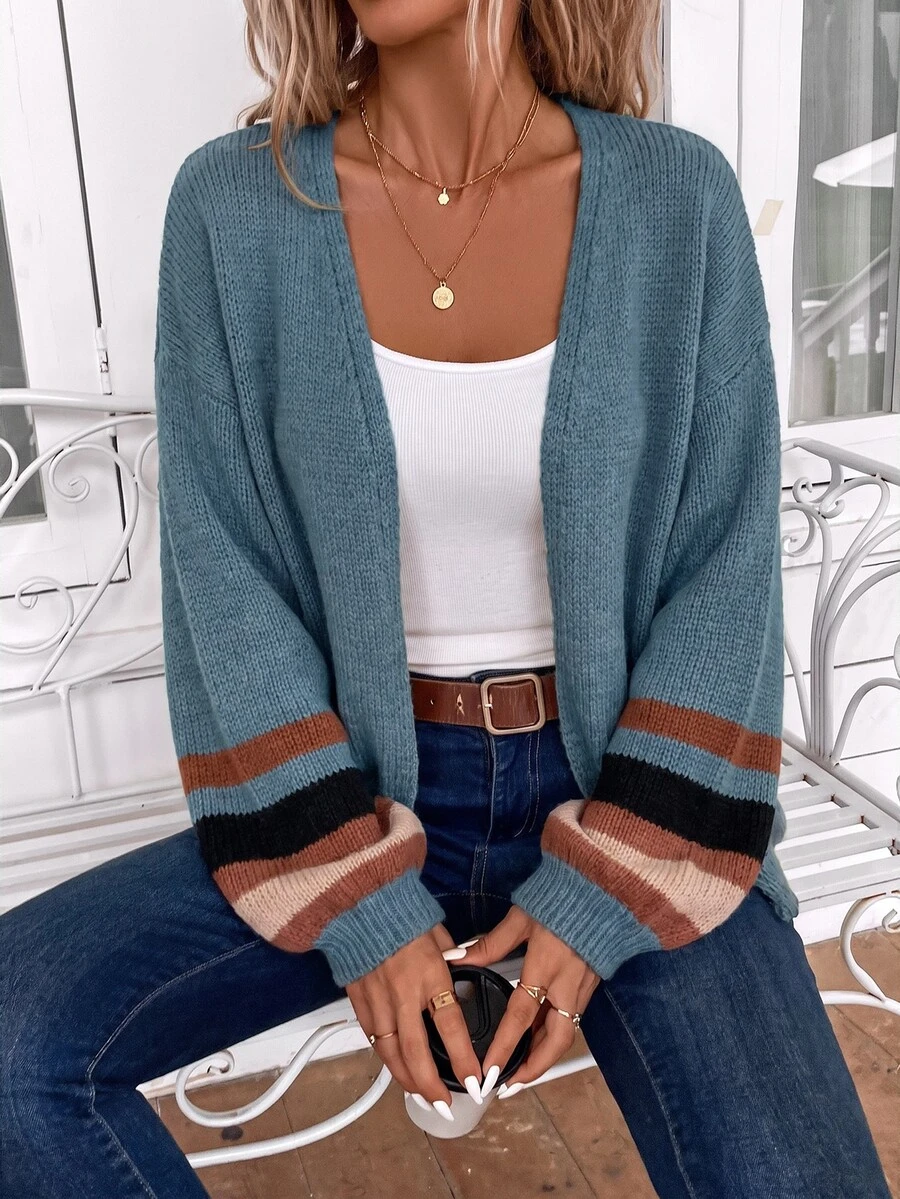 EMERY ROSE Cardigan de punto a rayas de bloques de color para vacaciones de talla grande - Neblina azul - Ver 1