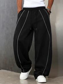 Manfinity Homme Men's Loose Casual Patchwork White Piping Plus Size Sweatpants - Black - View 3