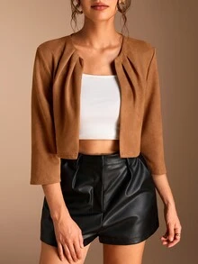 SHEIN BASICS 女款素色長袖百褶開襟休閒夾克 - 棕色 - 查看 1