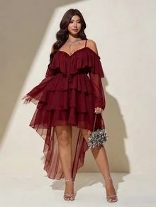 Viva Relle Plus Size Sexy Cold Shoulder Spaghetti Strap Front Short Back Long Burgundy Dress Fall - Burgundy - View 4