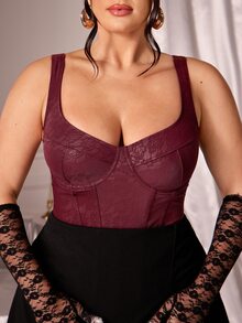 SHEIN BAE CURVE 大尺碼女款酒紅色緊身連身衣 - 酒紅色 - 查看 6