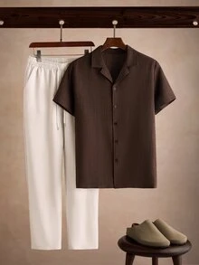 Manfinity Homme Men's Plus-Size Casual V-Neck Short-Sleeve Shirt And Pants Linen Set, Summer, Vintage Style, Comfortable Outfit... - Multicolor - View 1