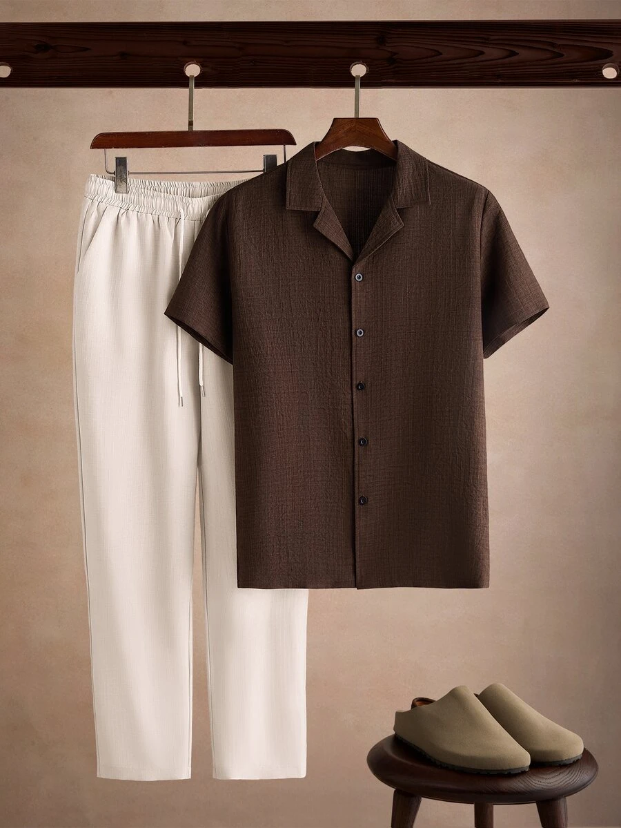 Manfinity Homme Men's Plus-Size Casual V-Neck Short-Sleeve Shirt And Pants Linen Set, Summer, Vintage Style, Comfortable Outfit... - Multicolor - View 1