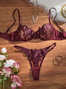SHEIN Esselle 2件組女款刺繡鋼圈性感內衣套裝 - 中紫紅色 - 查看 3