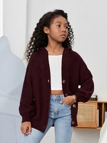 SHEIN Tween Girl Girls' Long Sleeve Hooded Casual Loose Knit Cardigan - Burgundy - View 1