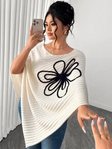 Elenzga Women's Autumn New Single Piece Large Floral Design Square Neck Loose Hem Asymmetrical Fashion Design Elegant Lady Daily Versatile Commute Knit Pullover Plus Size Sweater - Beige - View 7