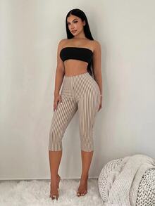 SHEIN SXY 女款條紋休閒開衩七分褲 - 杏色 - 查看 5