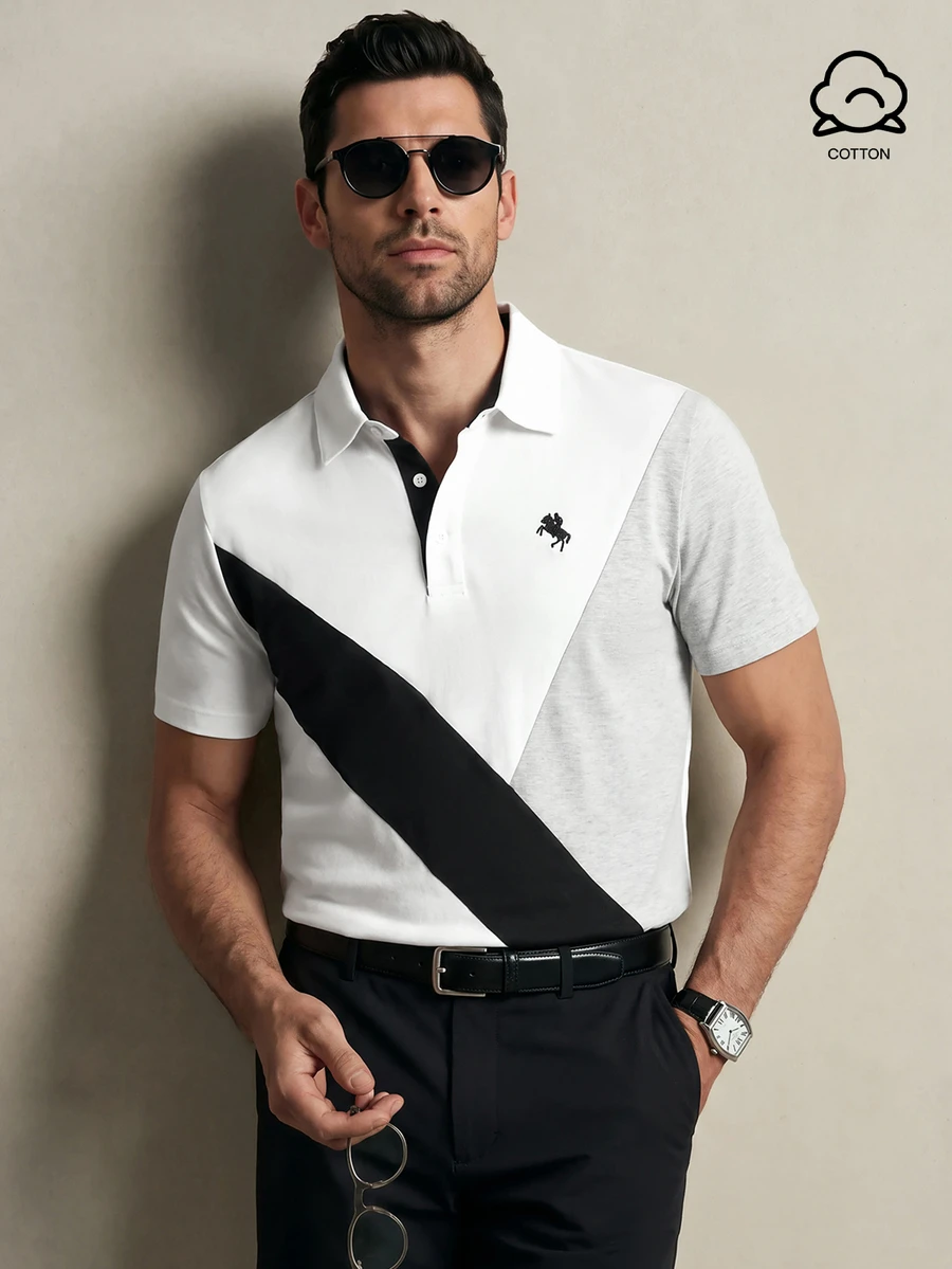 Lornavo Men's Cotton White And Black Color Block Polo Shirt High Quality Store Style Business Golf Summer Casual - Multicolor - View 1