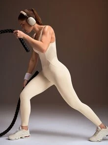 Powerista Women's White Laser Perforated Foam Print Sleeveless Long Pants Jumpsuit - White - View 5