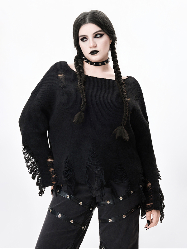 ROMWE Grunge Punk Plus Size Women's Solid Color Drop Shoulder Long Sleeve Casual Distressed Pullover Sweater
