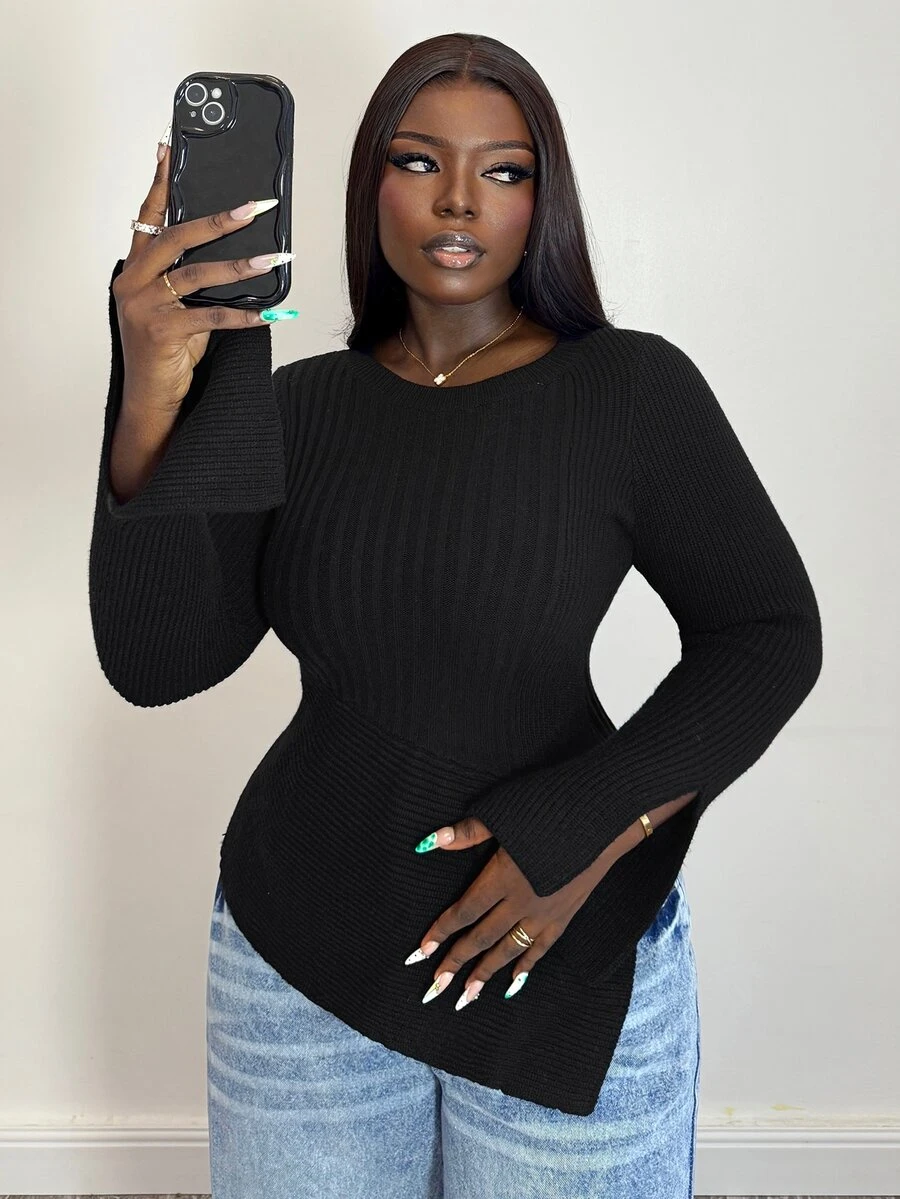 Selianne Women's Solid Color Round Neck Long Sleeve Asymmetric Hem Sweater - Black - View 1
