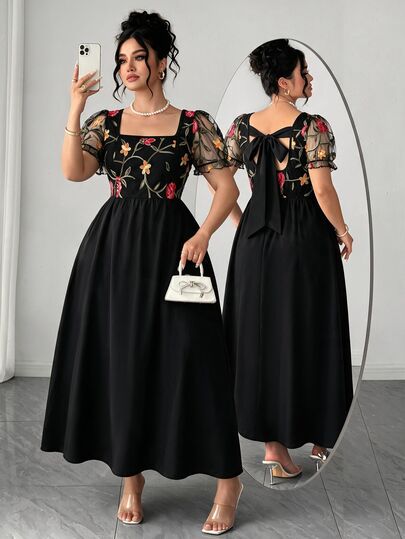 Elenzga Plus Size Women's Autumn/Winter New French Elegant Casual Square Neck Short Sleeve Bowknot Tie-Waist Flared Long Dress, Made Of Mesh Embroidered Fabric, High-End Versatile Dress, Women's Party Dress, Wedding Guest Dress, Suitable For Romantic Date And Formal Occasions, Women's Elegant Dress