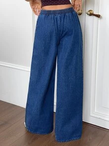 Rivivi Women's Elastic Waist Casual Daily Denim Jeans - Dark Wash - View 2