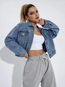 SHEIN Casual Streetwear Light Blue Distressed Denim Jacket, Drop Shoulder Loose Fit, Single Back Pocket Design, Short Outerwear Travel Autumn - Light Wash - View 7