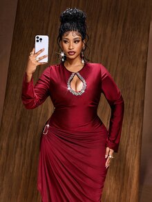 Maweii Women's Rhinestone Decorated Hollow Pleated Elegant Waist-Cinching Long Sleeve Dress Fall - Burgundy - View 4