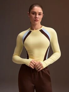 Powerista Kaos Olahraga Wanita Lengan Panjang Kerah Bulat Potongan Slim Fit Warna Kuning Cokelat Biru - Kuning - View 4