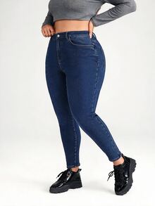 SHEIN ICON 大尺碼休閒修身彈性九分牛仔褲 黑色 - 深色水洗藍 - 查看 8