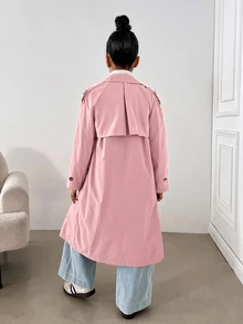 SHEIN 兒童青少年女孩時尚休閒卡其色梭織雙排扣翻領寬鬆長款風衣大衣，秋冬款，休閒風格，通勤與街頭穿搭 - 粉色 - 查看 2