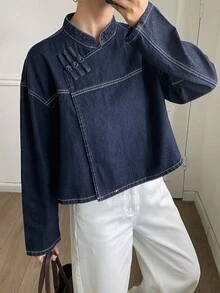 DAZY Women's Autumn Stand Collar Frog Button Long Sleeve Loose Solid Color Denim Fabric Dark Blue Contrast Stitching Chinese Style Denim Short Jacket - Blue - View 3