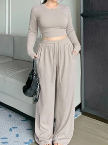 REIGN AVE Autumn Solid Color Minimalist Casual Outwear & Home Base Layer Top + Straight Leg Casual Pants 2 Pieces Set - Camel - View 6