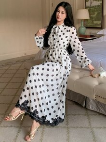 DAZY 女款優雅通勤波點印花蕾絲拼接洋裝 秋季 - 白色 - 查看 4