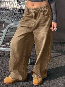 Dazy Plus Vintage Loose Street Style Washed Distressed Brown Straight Leg Jeans, Versatile All Season - Brown - View 3