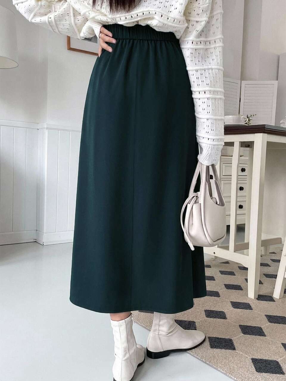 Autumn/Winter High Waist A-Line Solid Color Woven Fabric Minimalist Commuter Style Women's Long Skirt