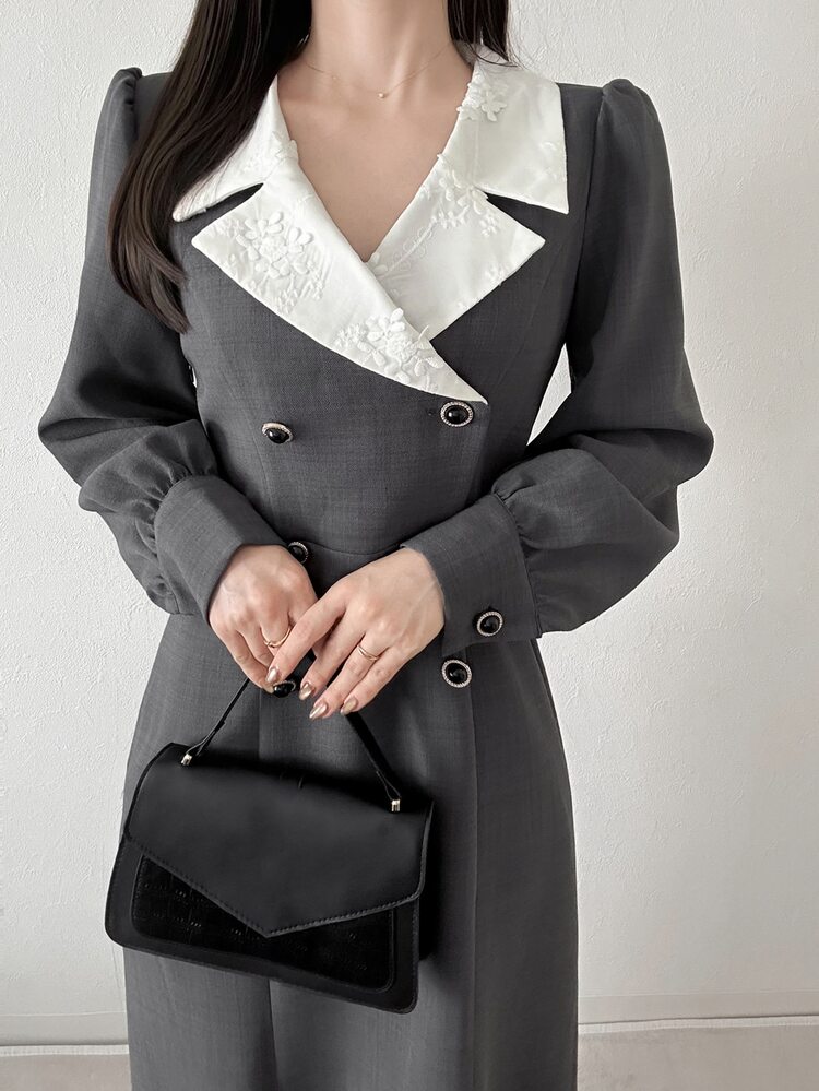 FRIFUL Women's Elegant Autumn/Winter Tea Party Office Colorblock Collar Floral Embroidery Double-Breasted Fishtail Long Dress Teachers' Day Gray Dark Grey - Grey - View 8