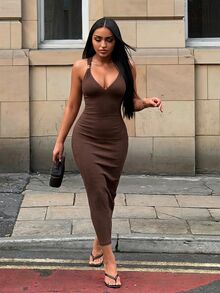 SHEIN SXY Gaun Pesta Kasual Warna Polos untuk Wanita Ukuran Besar - Chocolate Brown - View 2