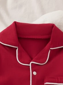 SHEIN 1件裝新生兒居家連身睡衣，紅色極簡百搭時尚印花圖案配滾邊飾邊，柔軟舒適面料，新生兒最佳禮物，居家穿著，百搭時尚，最佳選擇 - 紅色 - 查看 5