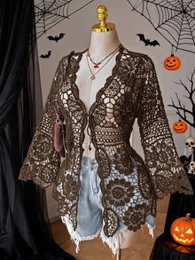 Comfortcana Plus Size Autumn Vintage Crochet Lace-Up Black Bell Sleeve Mid-Length Cardigan - Coffee Brown - View 8