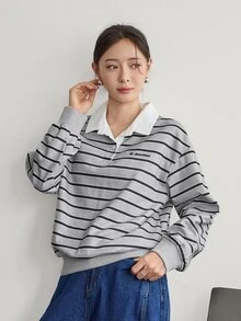 Dazy-Less Áo nỉ nữ phong cách Hàn Quốc kẻ sọc phối màu, cài nút nửa ngực, phong cách công sở thường ngày cho mùa thu - Đen và trắng - Xem 4